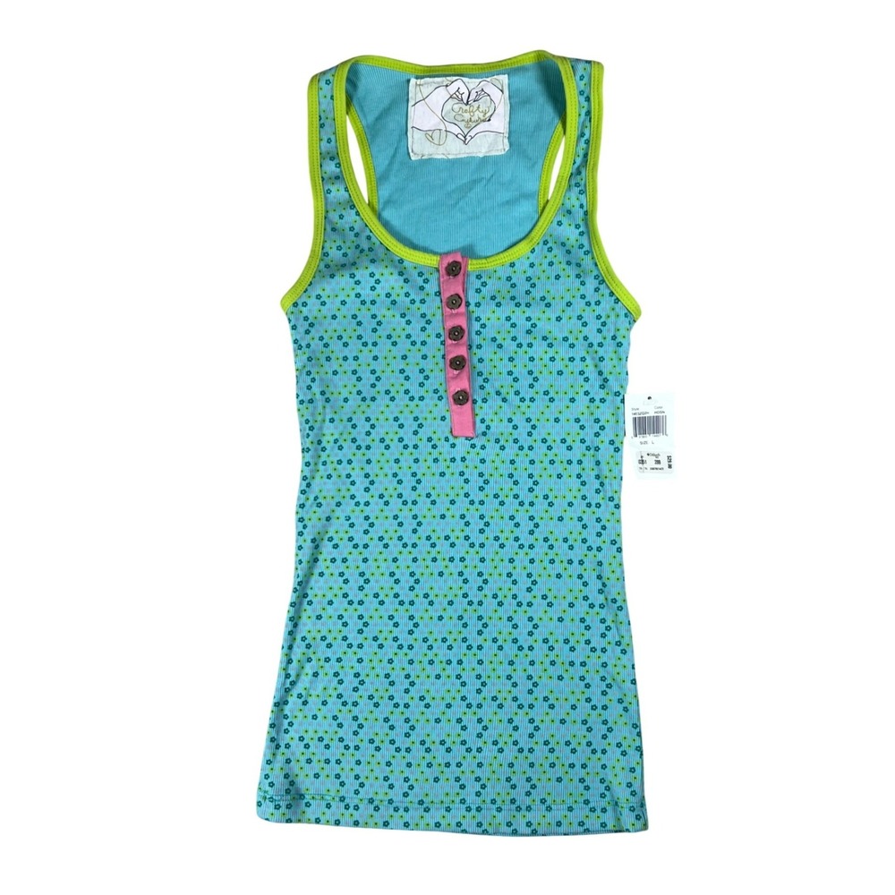 Crafty Couture Womens Floral Ribbed Henley Tank Top Turquoise Blue L Y2K Boho